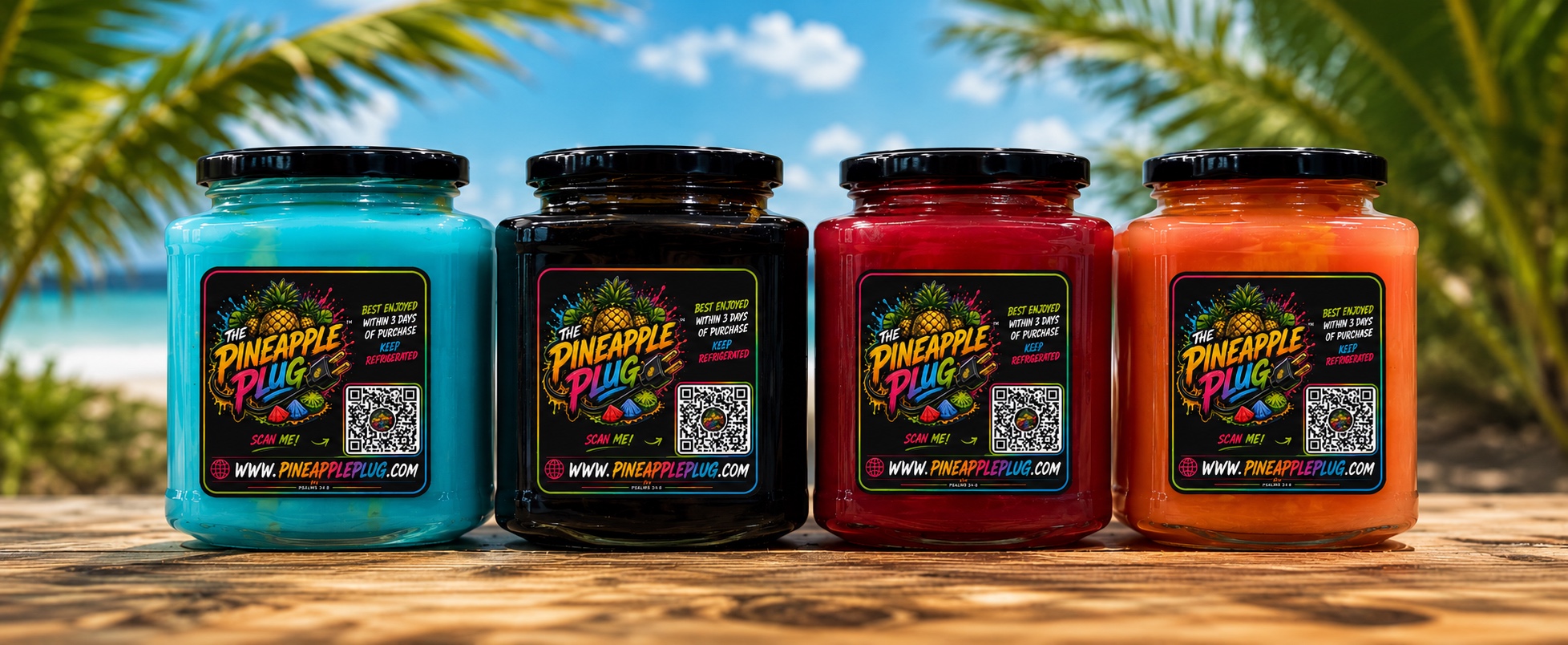 Two jars of The Pineapple Plug in a beachy tropical setting with palm trees.