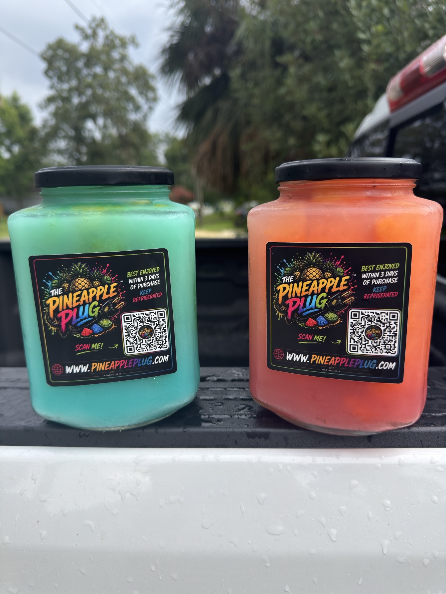 A blue and an orange jar of The Pineapple Plug sitting side by side on a truck bed with palm trees behind.